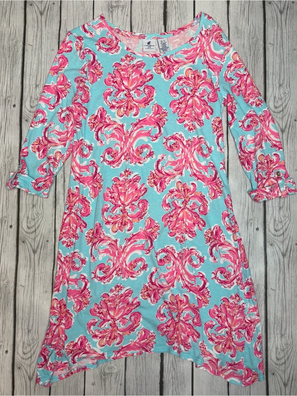 Caribbean Joe Women's S Damask Floral 3/4 Sleeve Hi-Lo Hem Dress